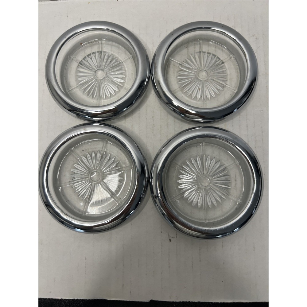Set of 4 Vintage Silver Plated Rimmed Coasters Starburst Glass Pattern-Unbranded